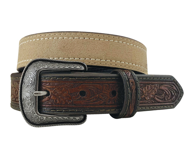 Boy's Bridle Full Grain Leather Brown Belt - Floral hand tooled strap