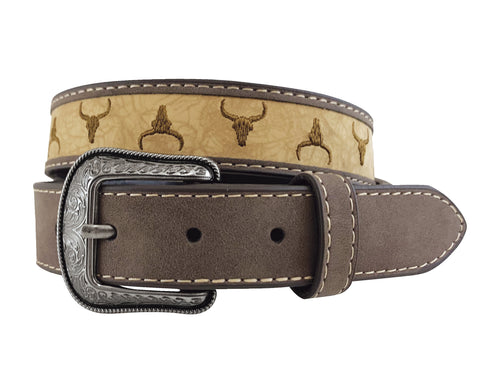 Boy's Genuine Leather Brown Belt - Steer Head Embroidery