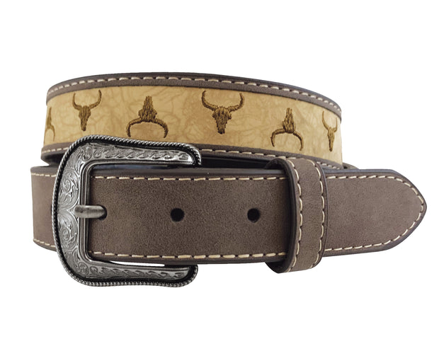 Boy's Genuine Leather Brown Belt - Steer Head Embroidery