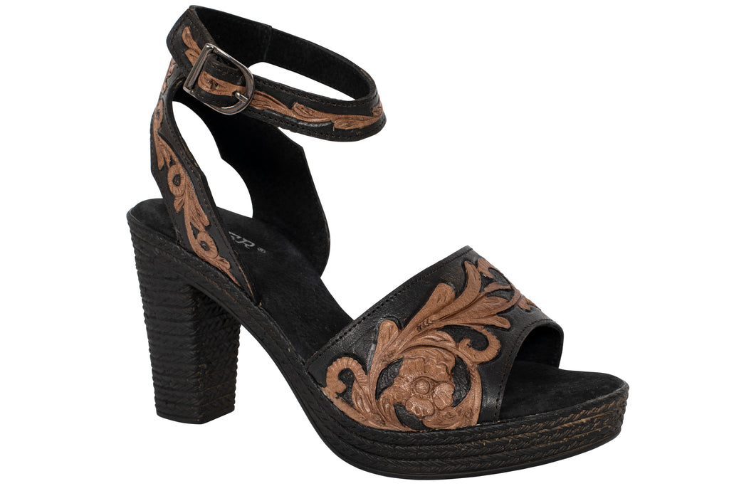 Roper Women's Natural Tooled Leather Open Toe Zip Mule Sandal 0946