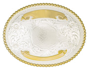 Large Oval Trophy Buckle - two tone silver and gold finish with berry trim