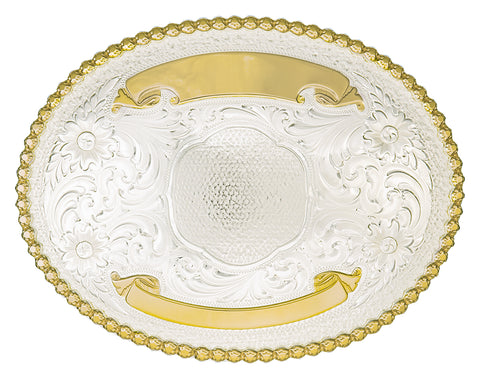 Large Oval Trophy Buckle - two tone silver and gold finish with berry trim