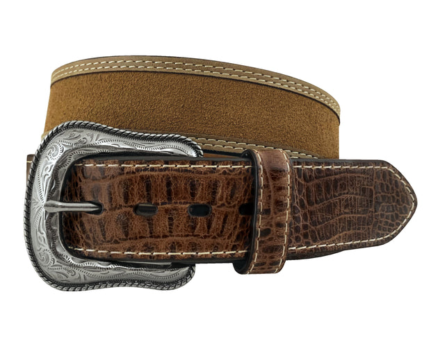 Men's Genuine Leather Tan Belt - Suede Inlay with Crazy Horse Leather Trim and Tuscan Bambino Leather End Tabs