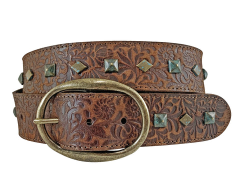 Men's Genuine Buffalo Leather Cognac Belt - Embossed Strap with Pyramid Diamond Nail Heads