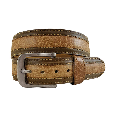 Men's Distressed Leather Honey Brown Belt - American Bison with Two Row Stitch Trim