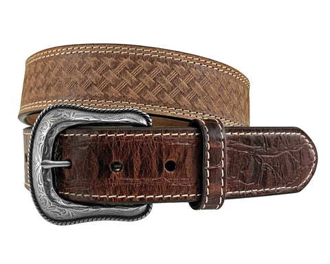 Men's Genuine Leather Brown Belt - Basketweave Embossed with Croco Embossed Tabs