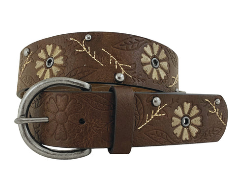 Women's Genuine Leather Brown Belt - Floral Embossed and Embroidered with Studs and Eyelets