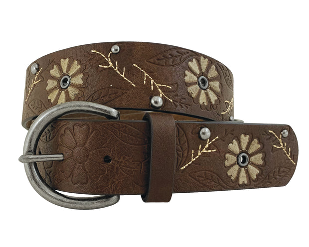 Women's Genuine Leather Brown Belt - Floral Embossed and Embroidered with Studs and Eyelets