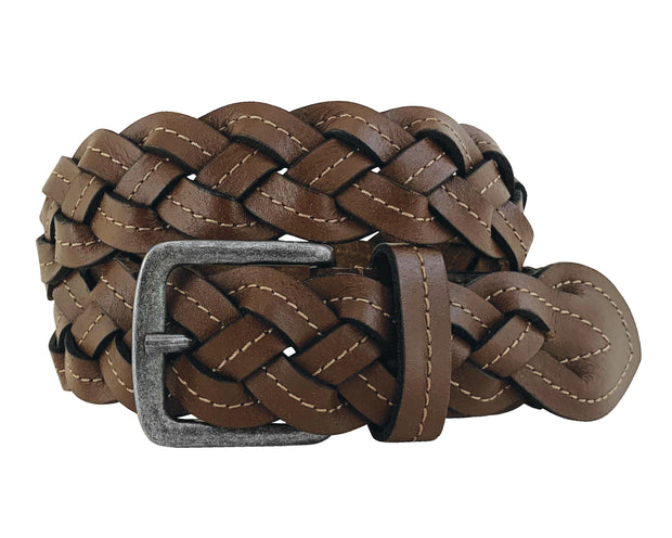 Women's Genuine Buffalo Leather Brown Belt - Braided with Accent Stitching