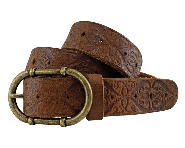 Women's Bridle Buffalo Leather Brown Belt - Embossed with Diamond Cutouts