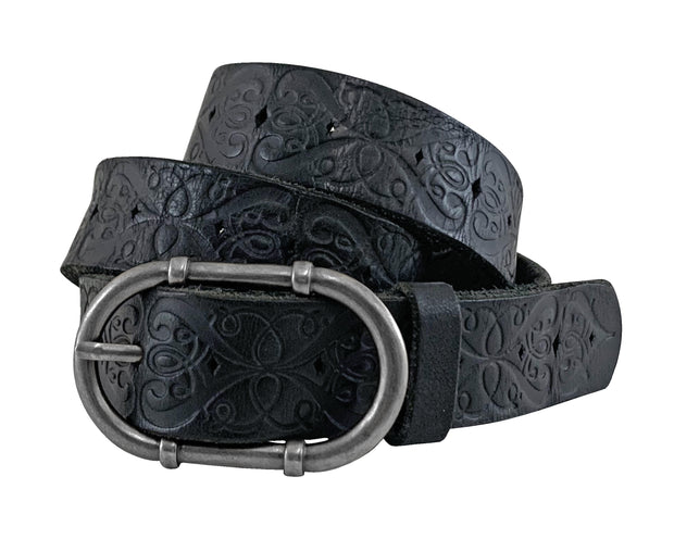 Women's Bridle Buffalo Leather Black Belt - Embossed with Diamond Cutouts