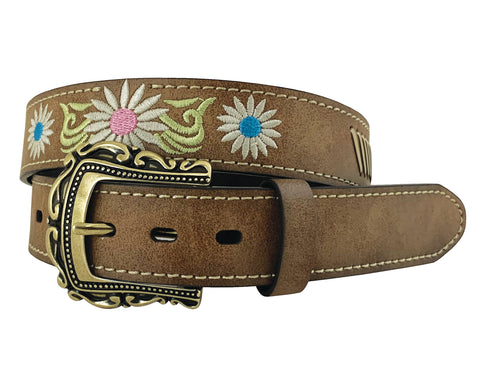 Girl's Genuine Leather Brown Belt - Distressed with Embroidered Floral Pattern and Lacing