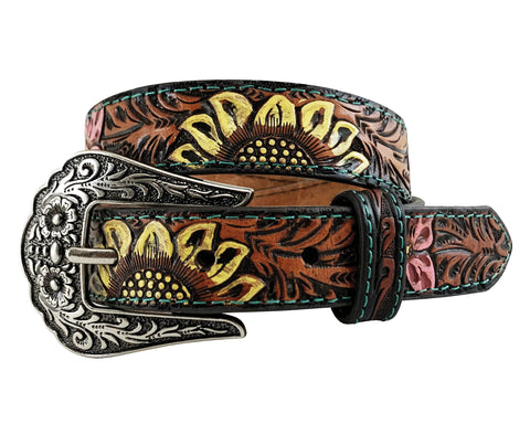 Girl's Genuine Leather Tan Belt -  Hand Tooled and Painted Western Sunflower Designs