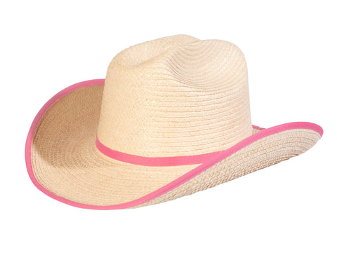 Kids Cattleman Palm Leaf Hat - Natural/Shocking Pink