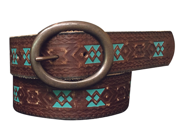 Women's Genuine Leather Turquoise Painted Brown Belt