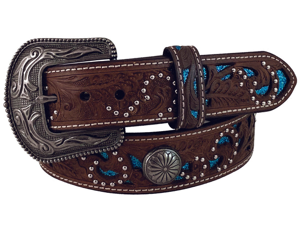 Women's Tooled Leather Blue Cut out Brown Belt